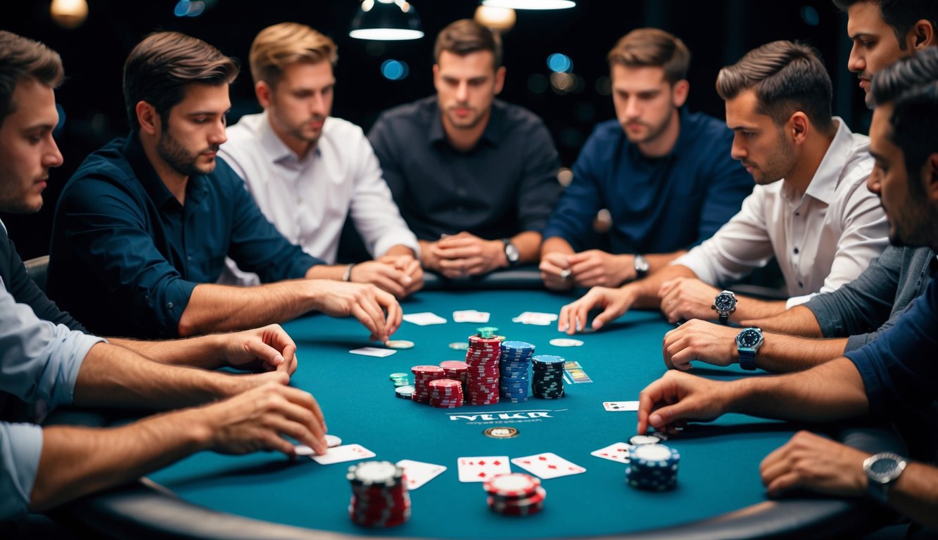 Sekelompok pemain poker berkumpul di sekitar meja, dengan kartu dan chip tersebar, fokus pada permainan