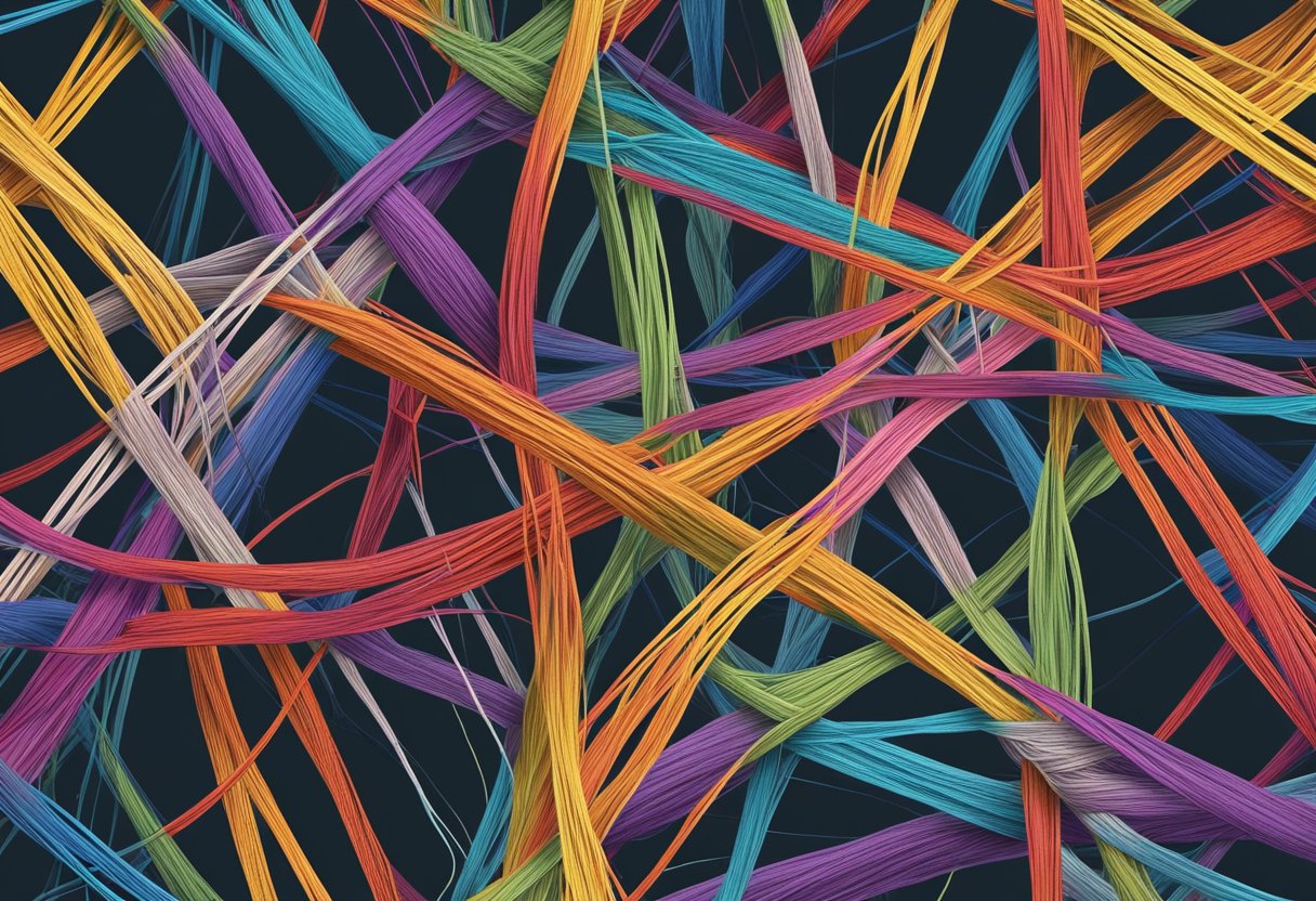 A tangled web of colorful threads, representing the complexity of misconceptions about critical thinking, woven together in a chaotic yet interconnected pattern