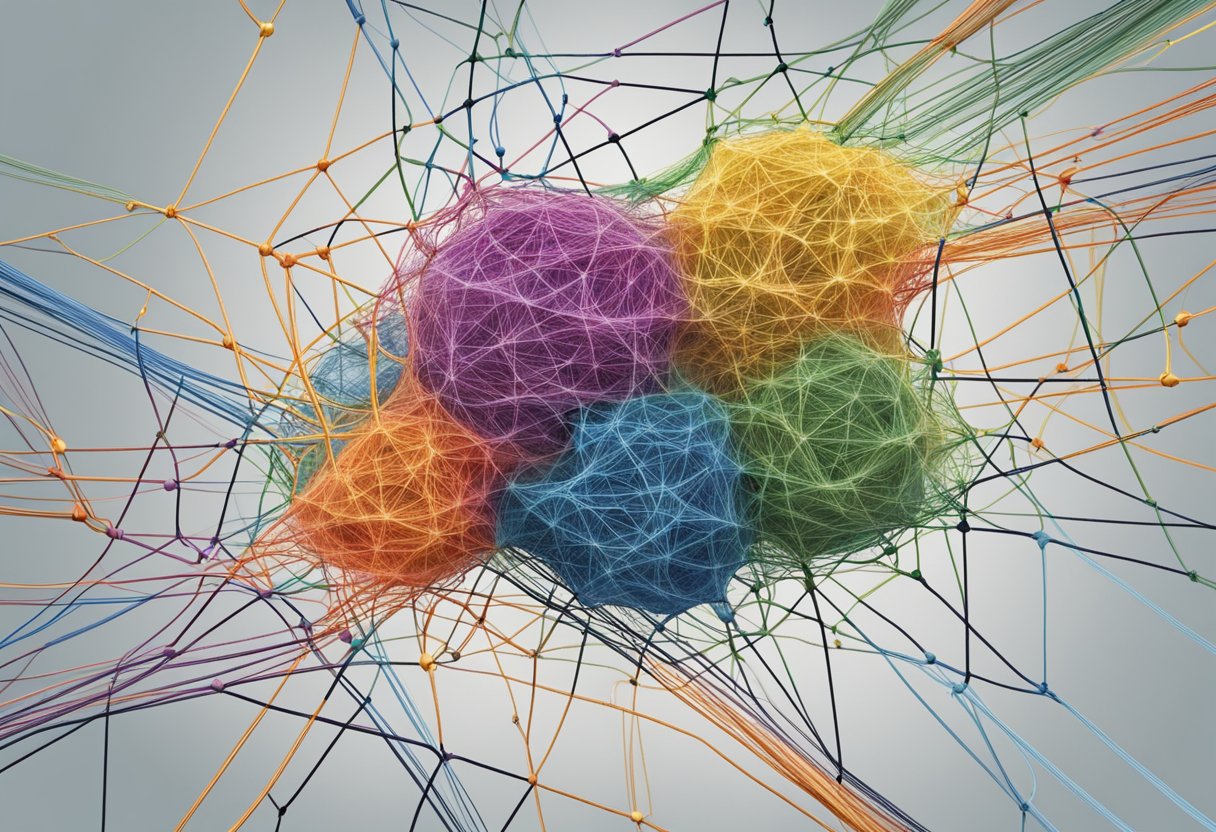 A tangled web of colorful threads, representing the complexity and confusion surrounding critical thinking misconceptions