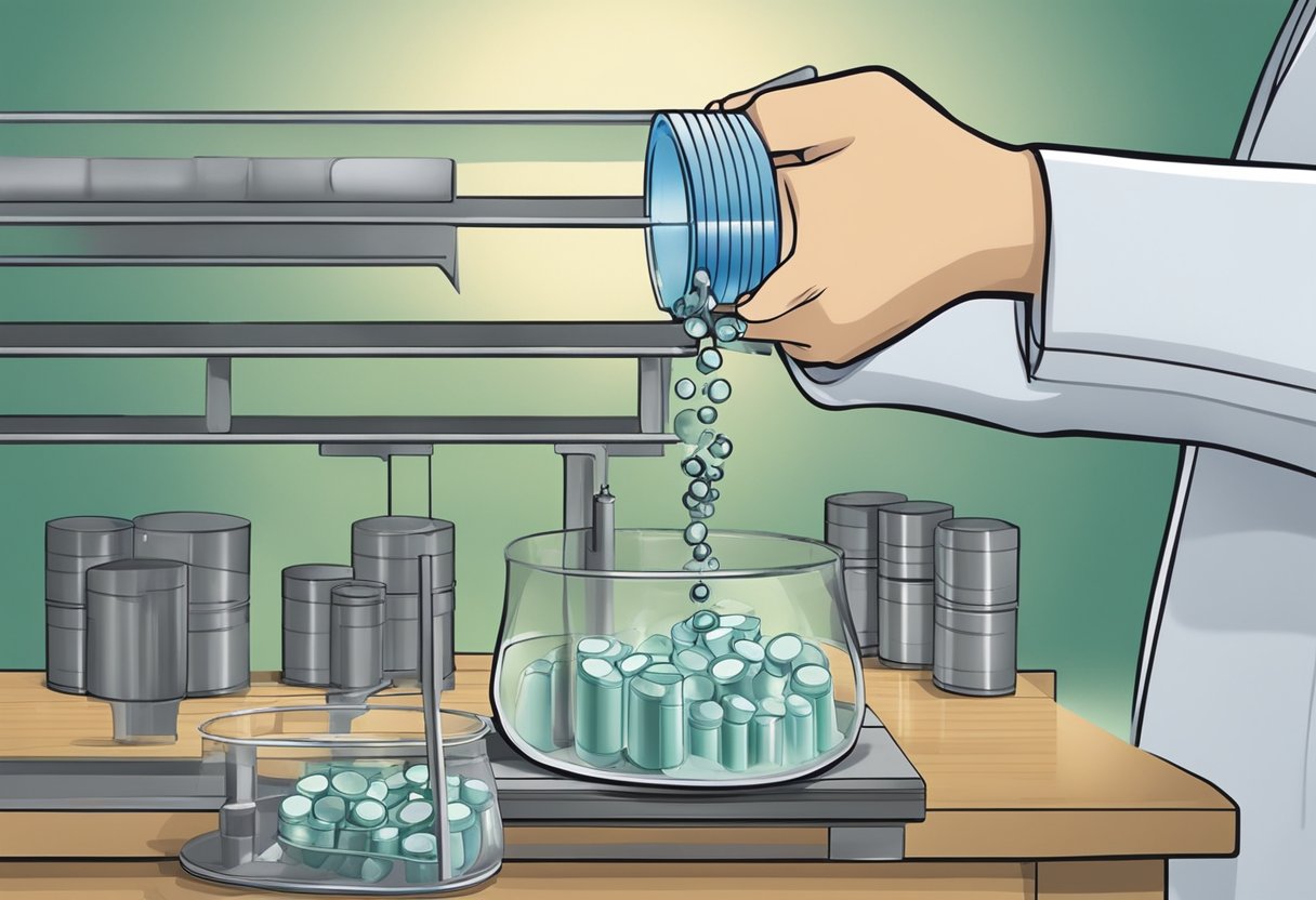A scientist pouring solid zinc chloride into a container of zinc-manganese batteries