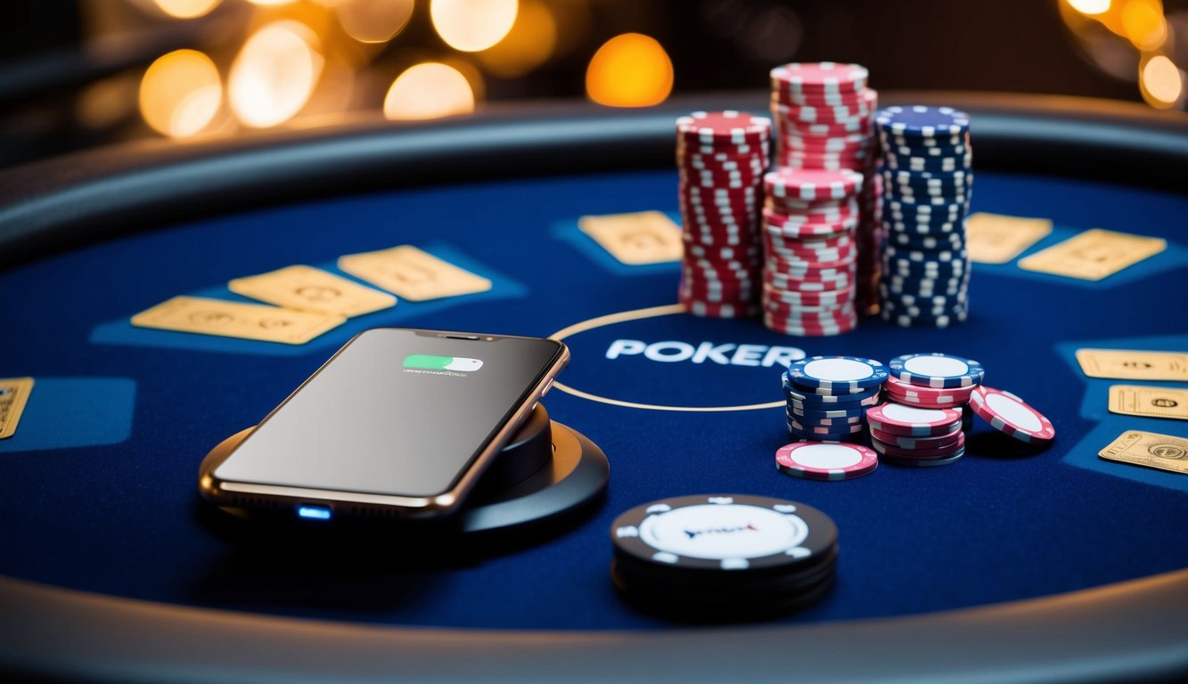 Sebuah meja poker dengan ponsel dan tumpukan chip poker, dikelilingi oleh stasiun pengisian daya dan tumpukan yang berdenyut.