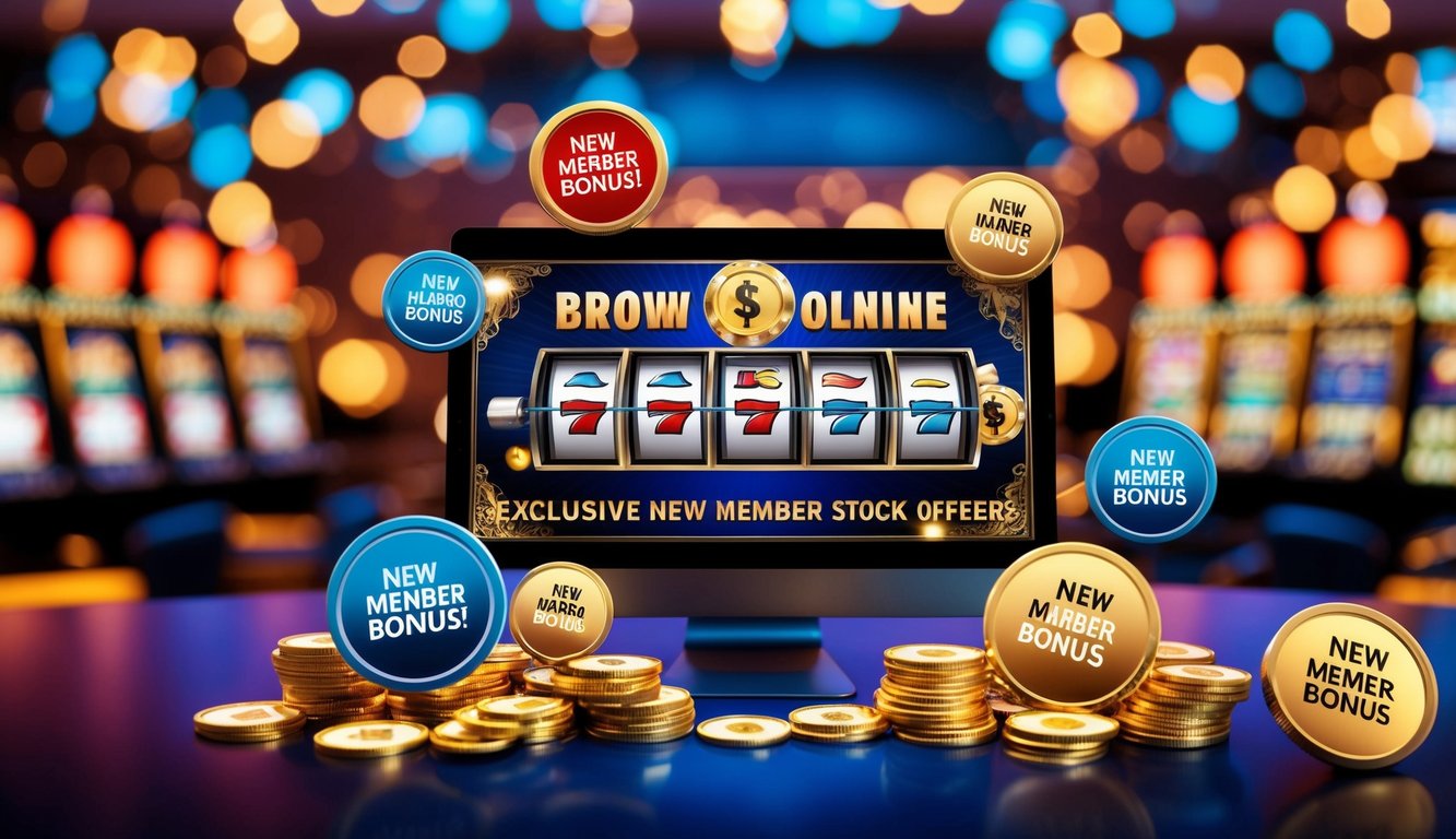 Mesin slot online yang penuh warna dikelilingi oleh penawaran bonus anggota baru eksklusif