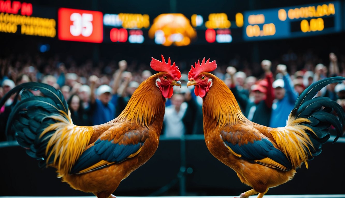 Dua ayam jantan berhadapan di arena sabung ayam online yang ramai, dengan kerumunan yang bersorak dan peluang taruhan digital ditampilkan di layar