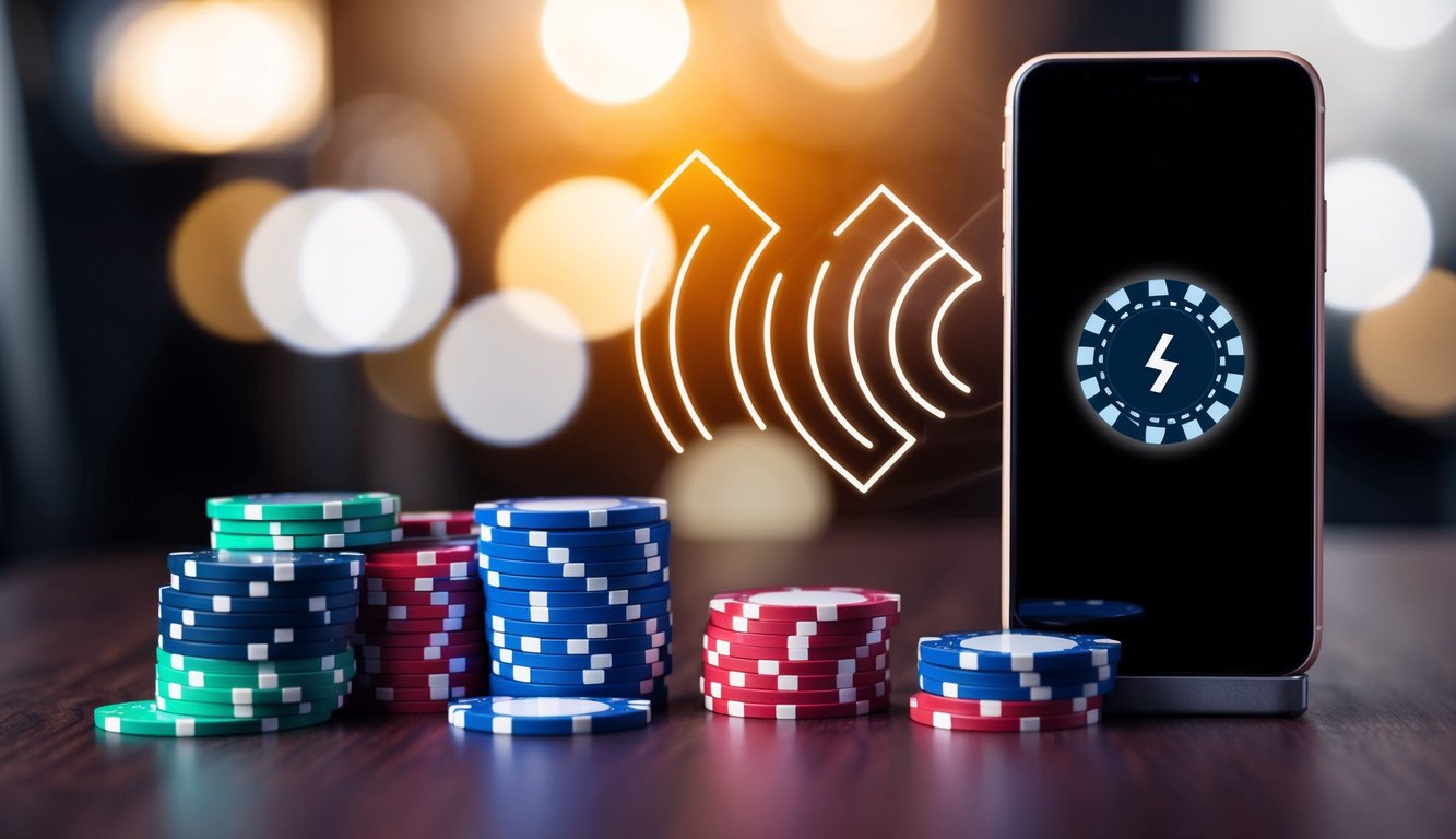 Sekelompok chip poker dan sebuah ponsel dengan sinyal yang berdenyut, melambangkan kemampuan untuk menyetor dan bermain poker online menggunakan kredit tanpa potongan.