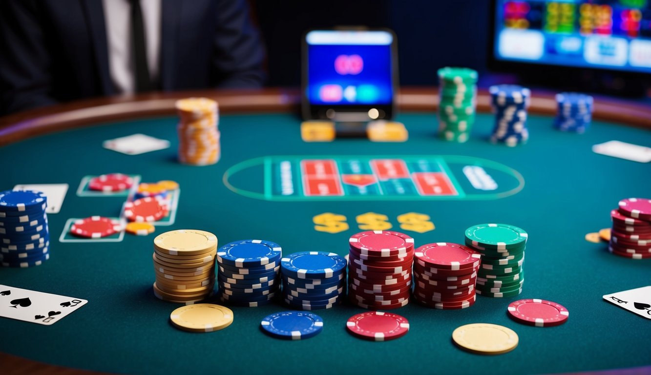 Sebuah meja poker online yang berwarna-warni dan cerah dengan chip, kartu, dan antarmuka digital yang menunjukkan peluang menang tinggi dan permainan yang adil