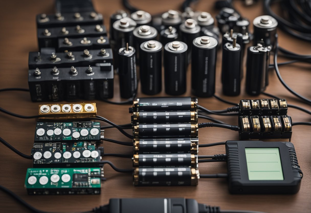 A table with various battery charger modules connected to different types of batteries