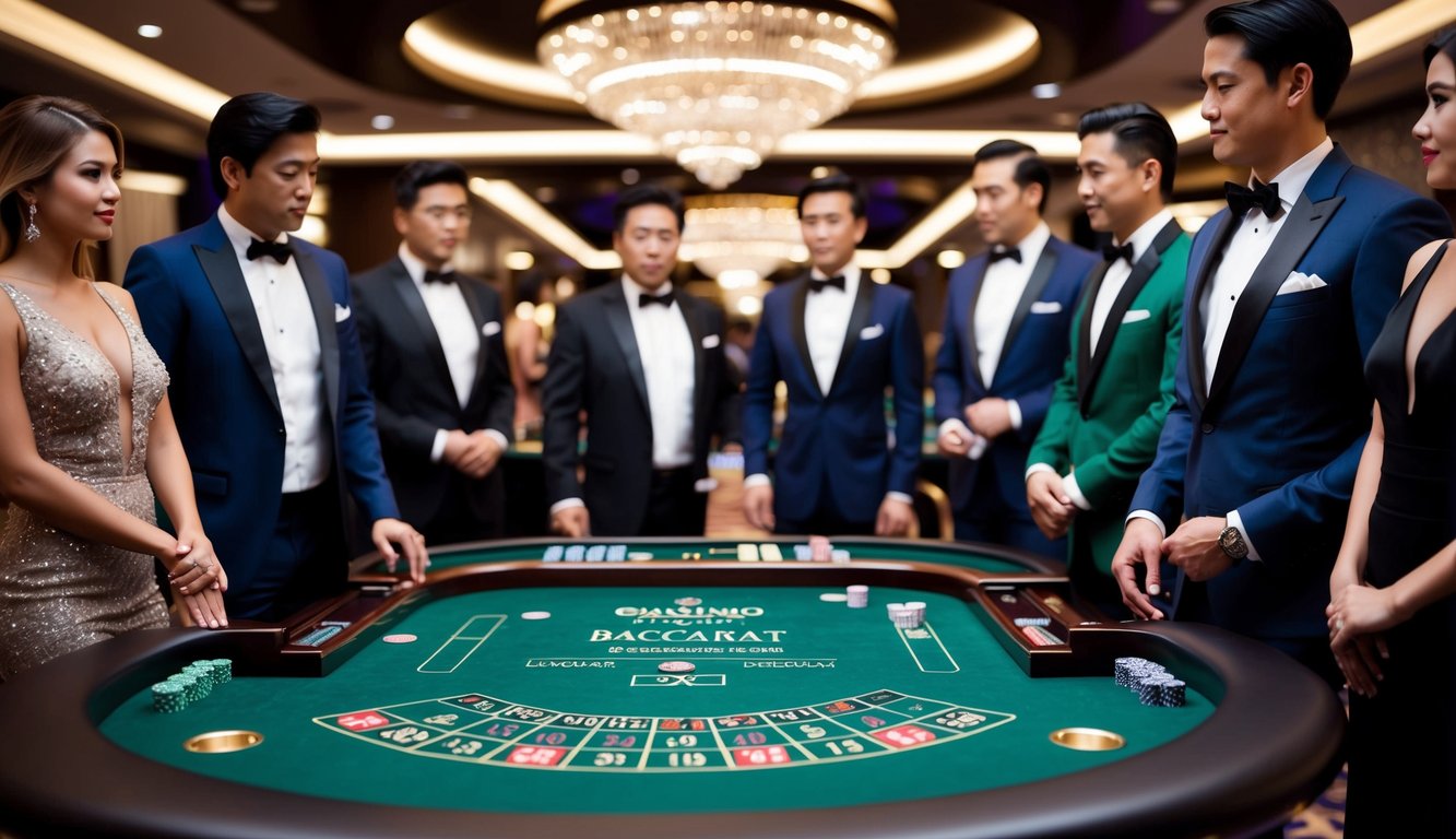 Sebuah meja kasino mewah dengan pengaturan baccarat yang ramping, dikelilingi oleh pemain yang elegan dan berpakaian rapi