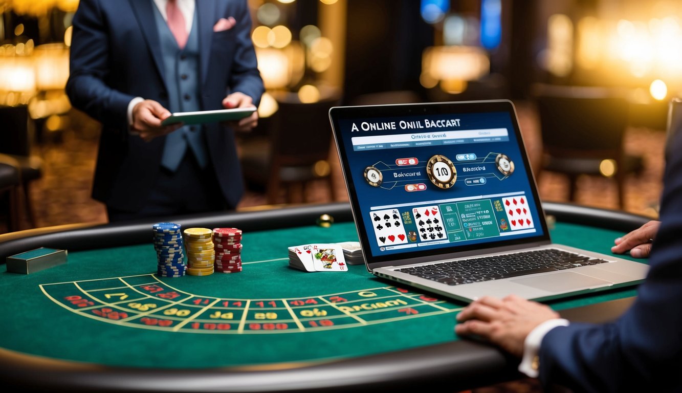 Panduan pemula untuk baccarat online, dengan meja permainan virtual, kartu, dan laptop yang menampilkan aturan