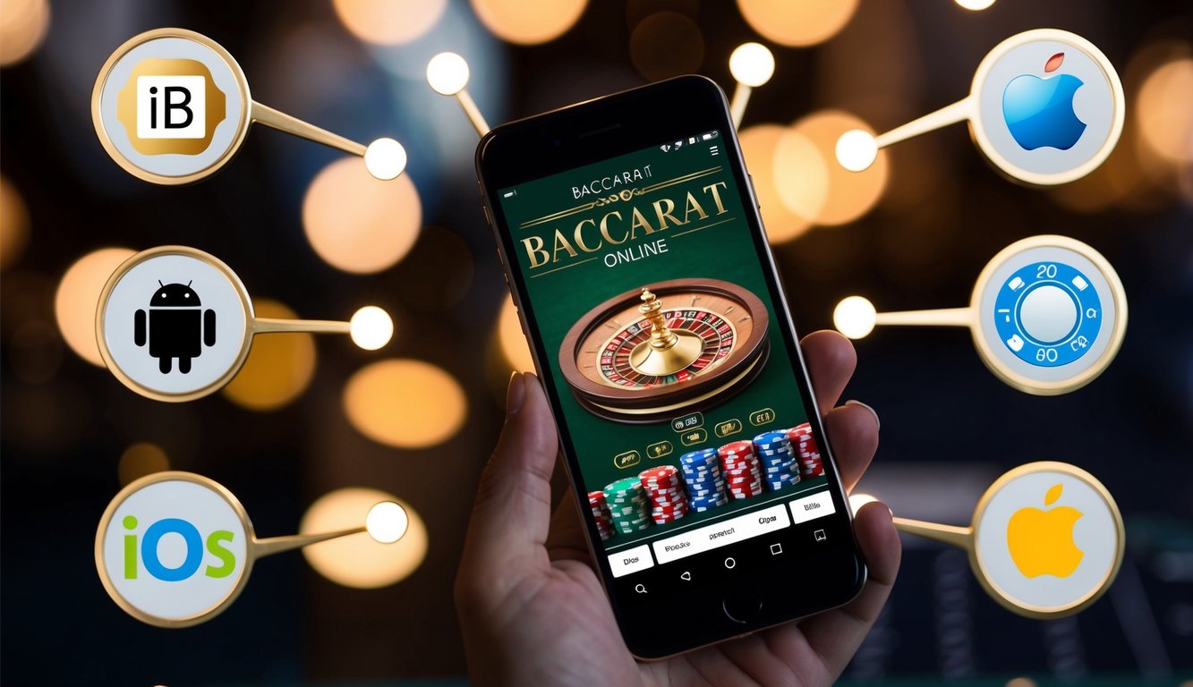 Sebuah smartphone dengan permainan Baccarat online yang ditampilkan di layar, dikelilingi oleh ikon untuk platform Android dan iOS