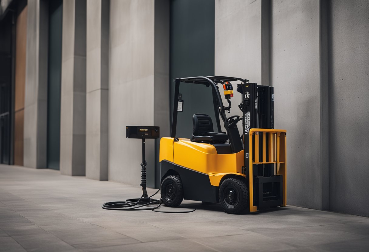 A 36v forklift charger plugged into a wall outlet with cables neatly arranged on the floor