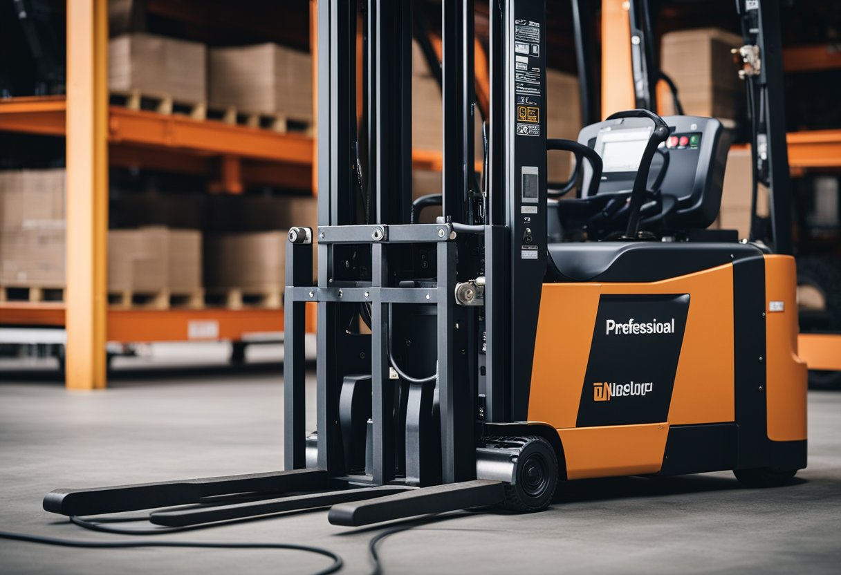 A forklift charger plugged into a 36V forklift, with cables and electrical components visible