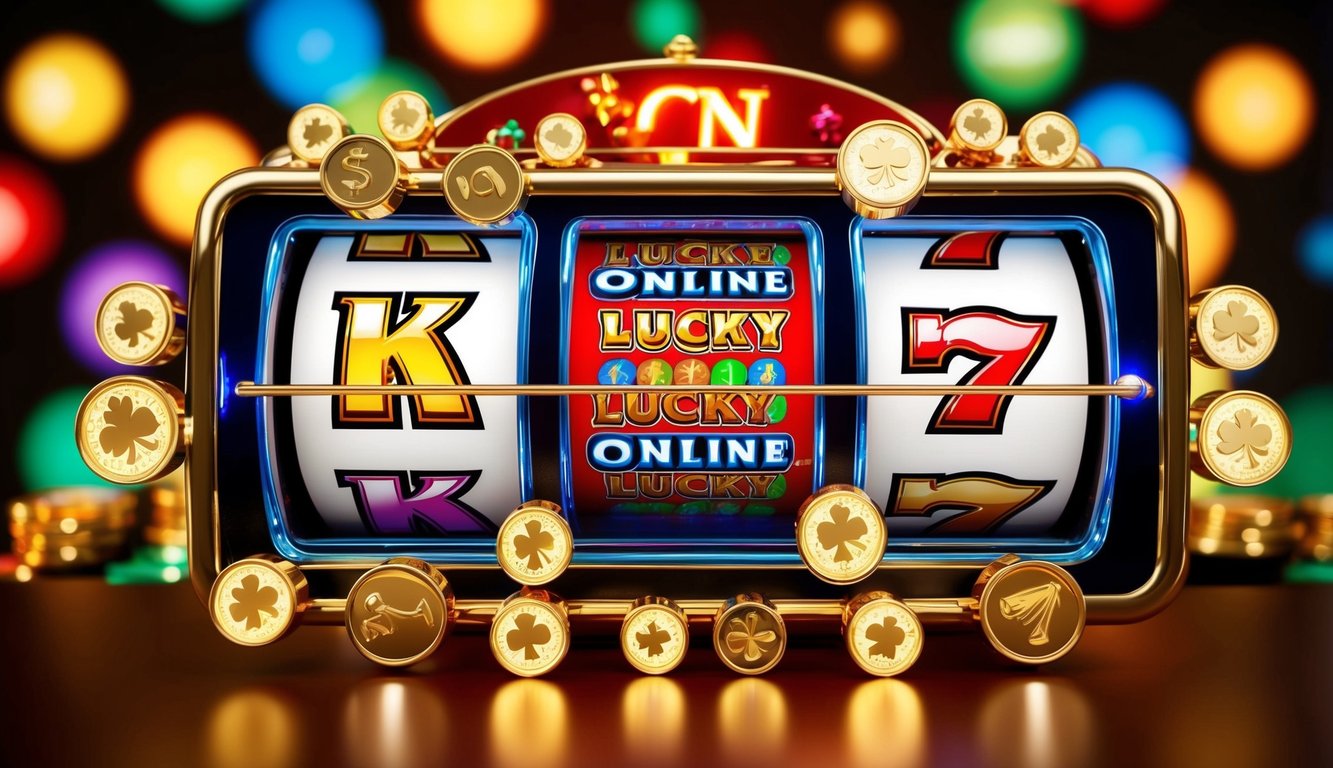 Sebuah mesin slot online yang berwarna-warni dan penuh semangat dikelilingi oleh simbol keberuntungan dan cahaya yang bersinar