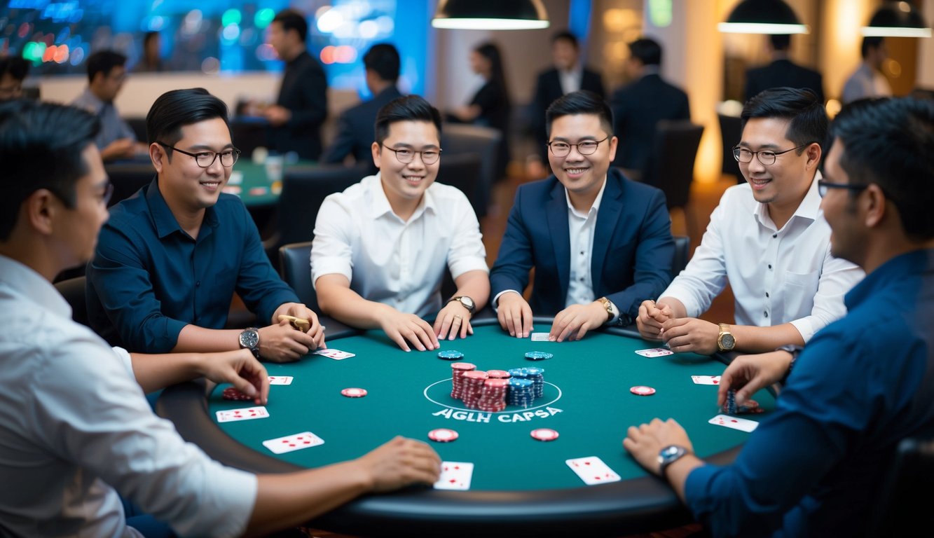 Sekelompok orang duduk di sekitar meja bermain permainan Agen Judi Capsa, dengan kartu dan chip poker di atas meja