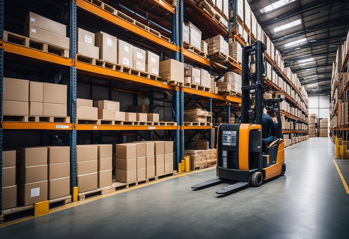 A forklift parked in a warehouse, with a worker selecting a battery charger from a row of options on a shelf