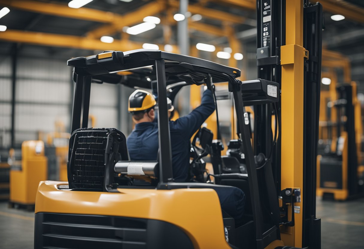 A forklift operator plugs in the correct charger type for the battery, ensuring a proper and efficient charge