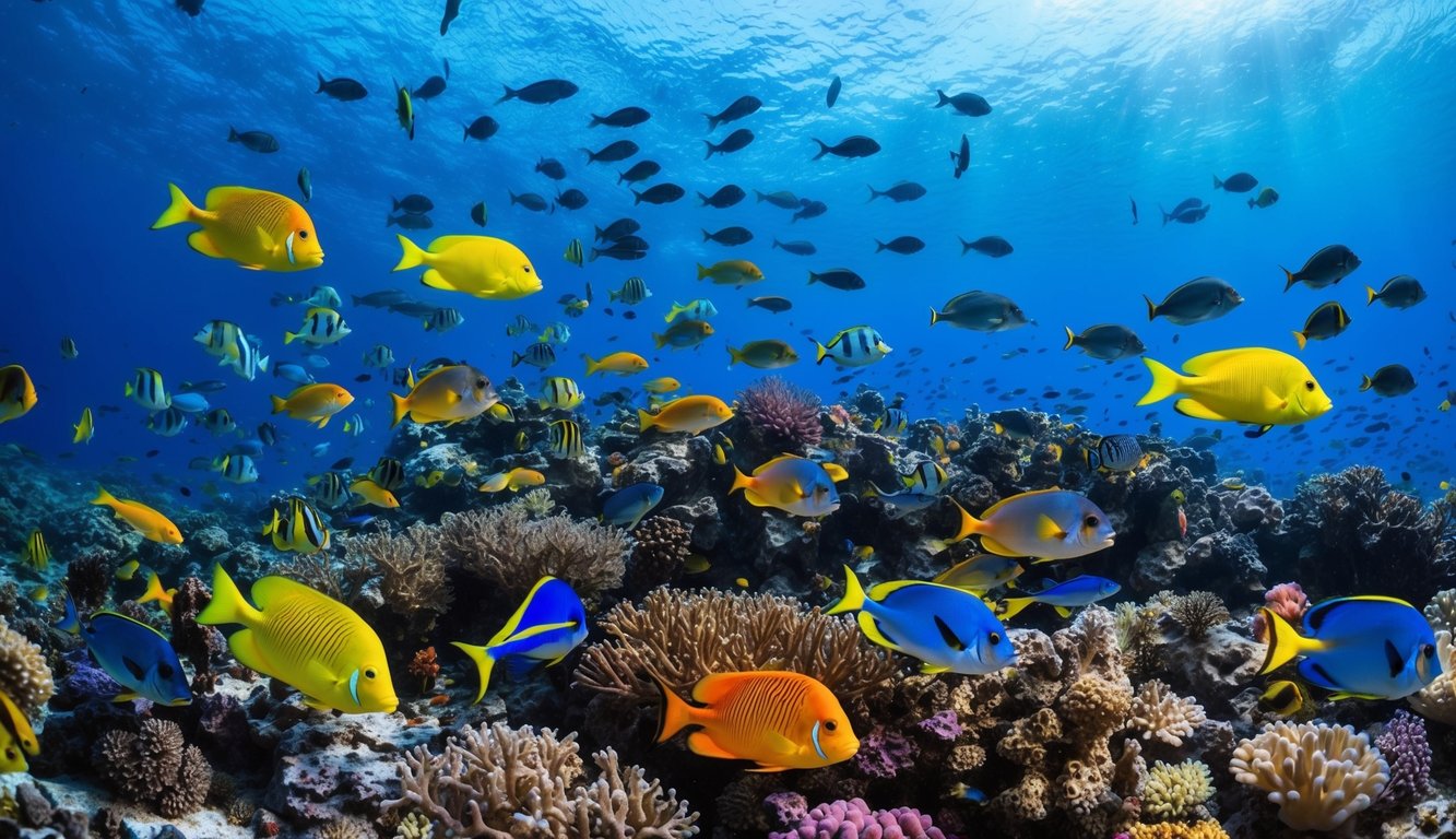 Sebuah dunia bawah laut yang ramai dengan ikan berwarna-warni dan makhluk akuatik yang berenang di sekitar terumbu karang yang cerah