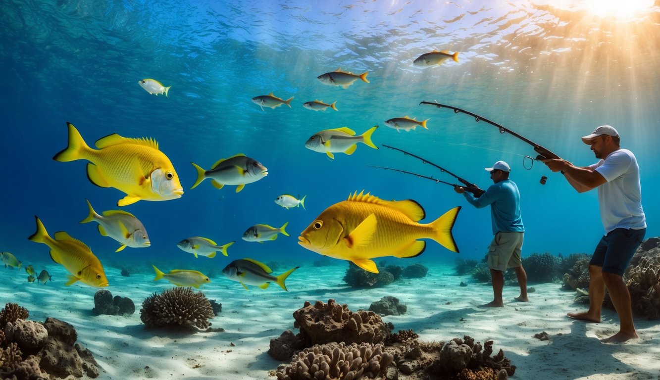 Sebuah dunia bawah laut yang berwarna-warni dengan berbagai makhluk laut yang berenang di sekitarnya, sementara sekelompok nelayan mengarahkan senjata mereka ke ikan.