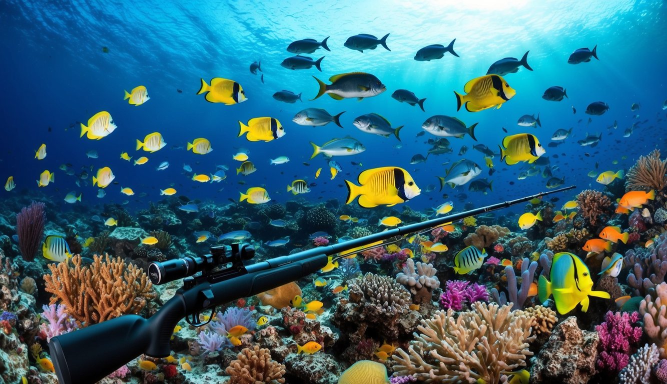 Dunia bawah laut yang ramai dengan ikan berwarna-warni, terumbu karang, dan berbagai makhluk laut, dengan senapan pancing di latar depan