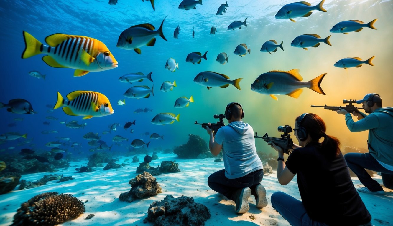 Sebuah dunia bawah laut yang berwarna-warni dengan berbagai jenis ikan yang berenang di sekitar, sementara sekelompok orang bermain permainan tembak-menembak online.