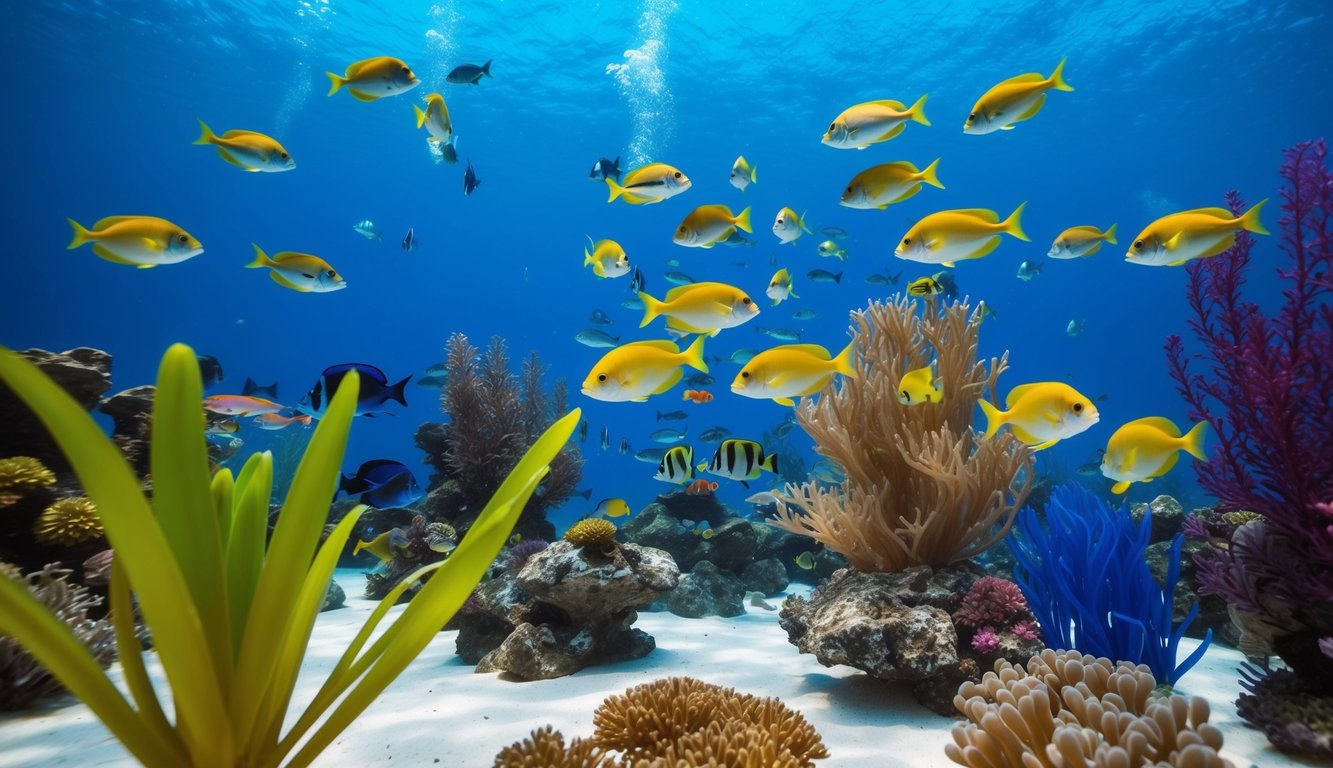 Sebuah dunia bawah laut yang penuh warna dengan ikan-ikan berwarna-warni dan tanaman air, dengan suasana kegembiraan dan persaingan di udara