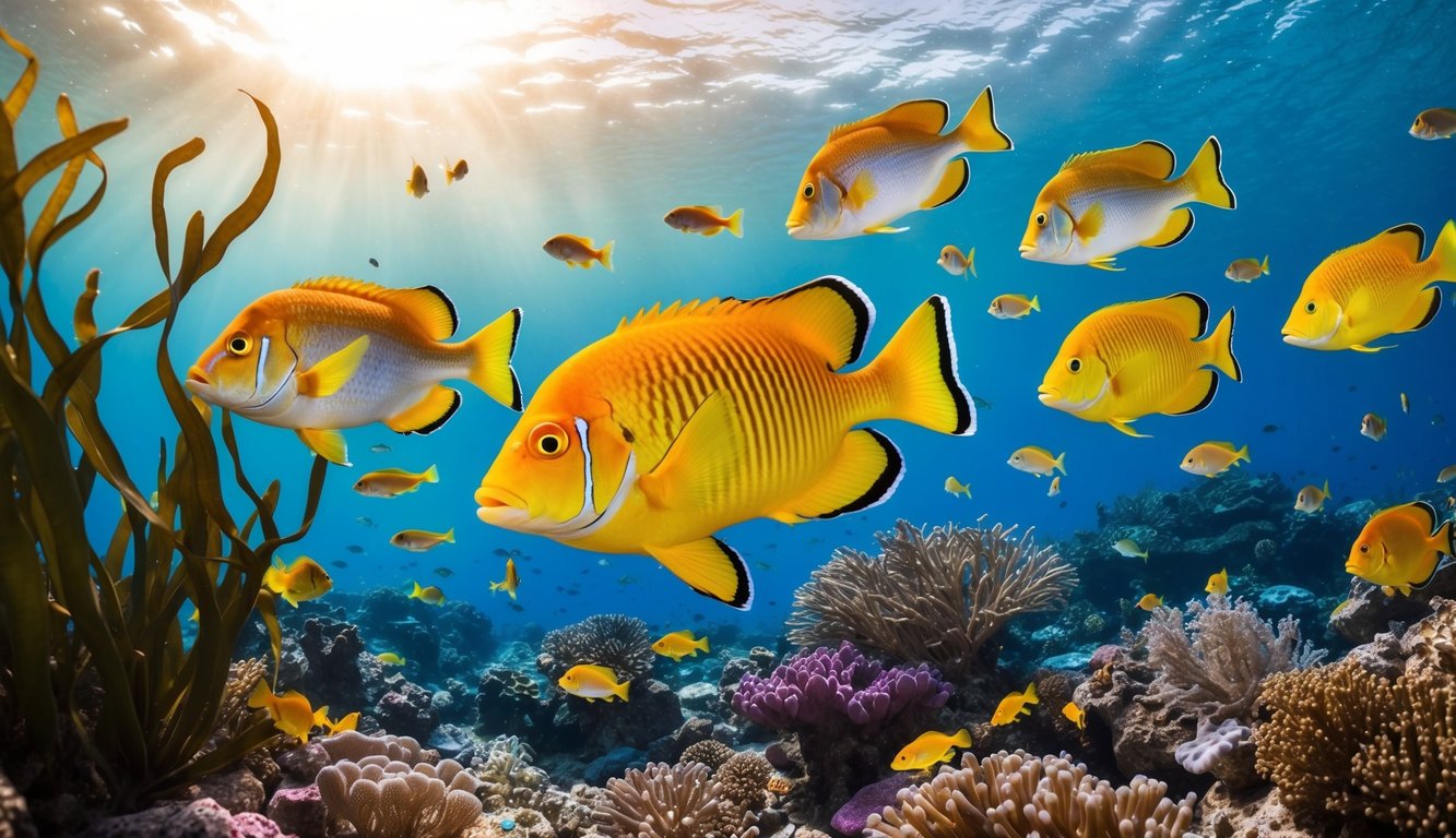 Sebuah dunia bawah laut yang penuh warna dengan ikan-ikan berwarna-warni yang berenang di antara terumbu karang dan rumput laut, dengan tema permainan tembak ikan gacor.