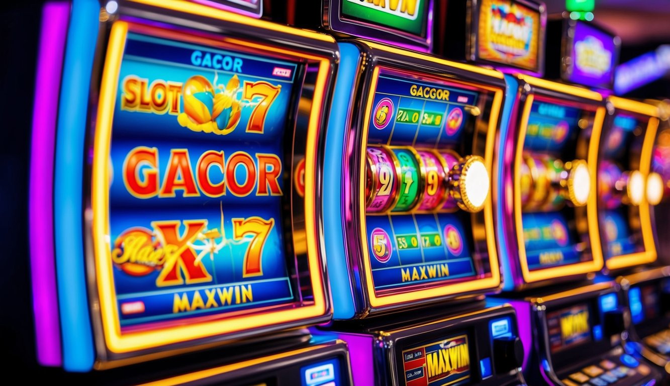 Sebuah mesin slot yang berwarna-warni dan cerah dengan lampu berkedip dan gulungan berputar, menampilkan kata-kata "Slot gacor Maxwin."