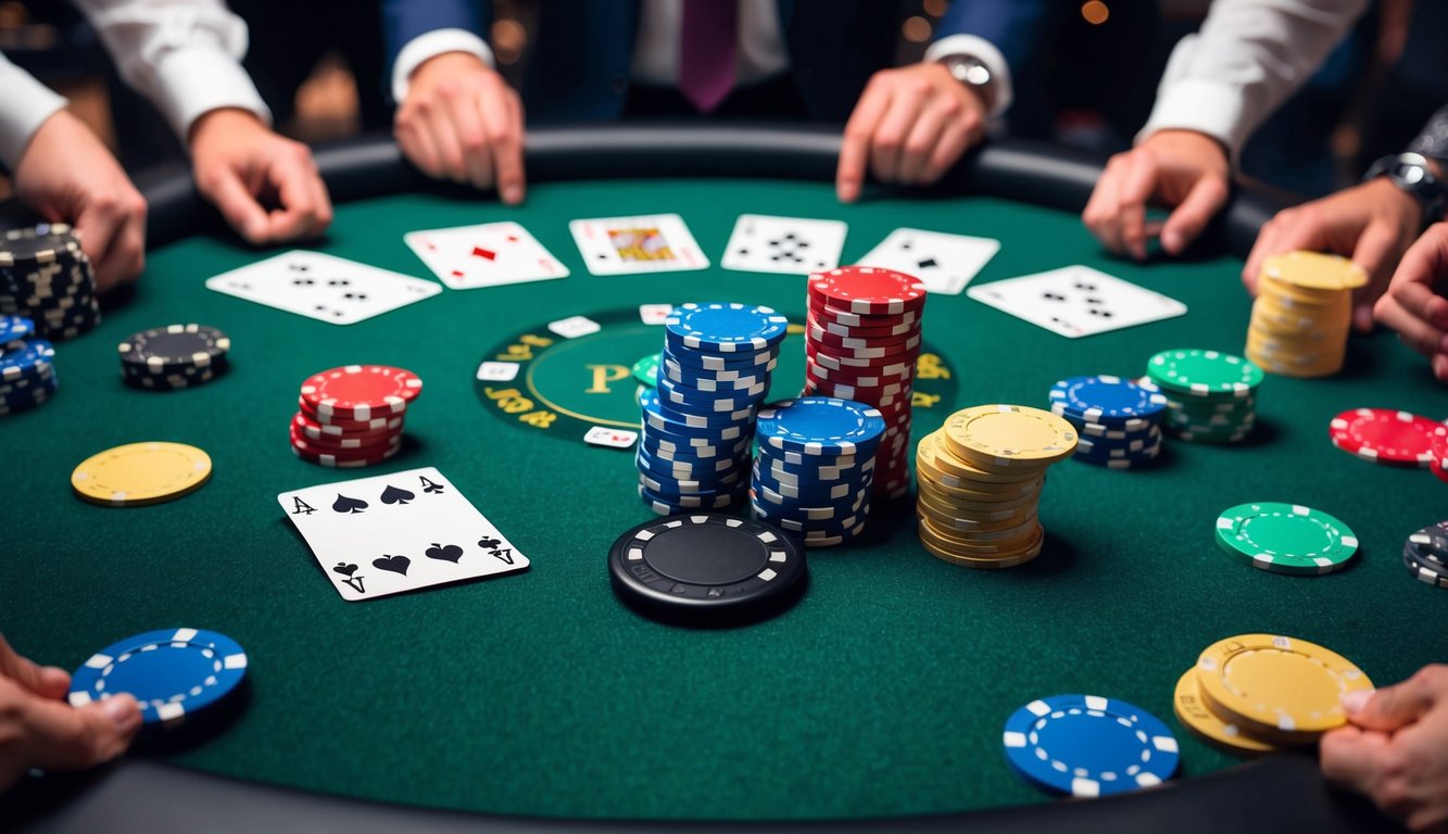 Sekelompok chip poker berwarna-warni tersebar di atas meja felt hijau, dengan kartu dan tombol dealer, dikelilingi oleh pemain yang antusias