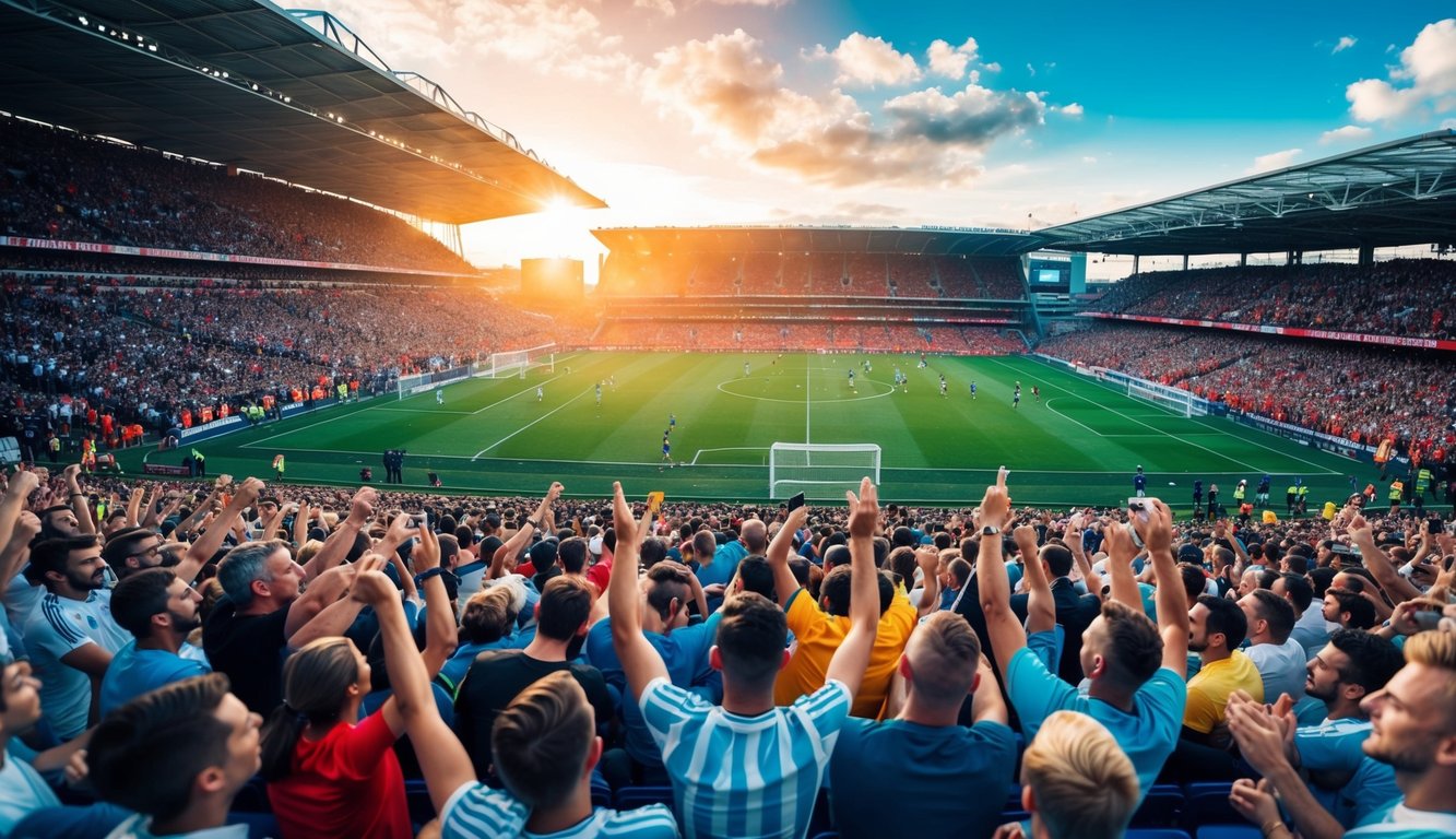 Sebuah stadion sepak bola yang penuh sesak dengan penggemar yang bersorak dan pemain di lapangan