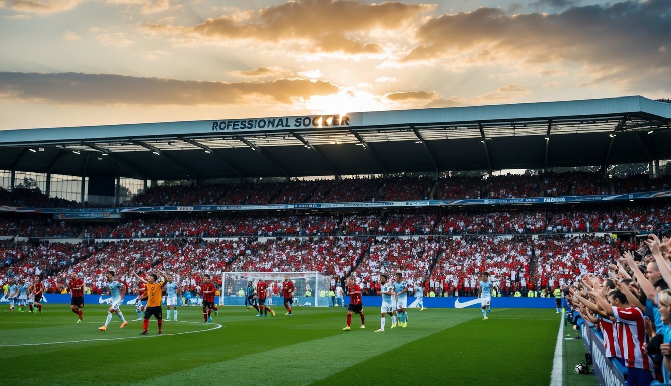 Sebuah stadion sepak bola yang ramai dengan penggemar yang bersorak dan pemain di lapangan