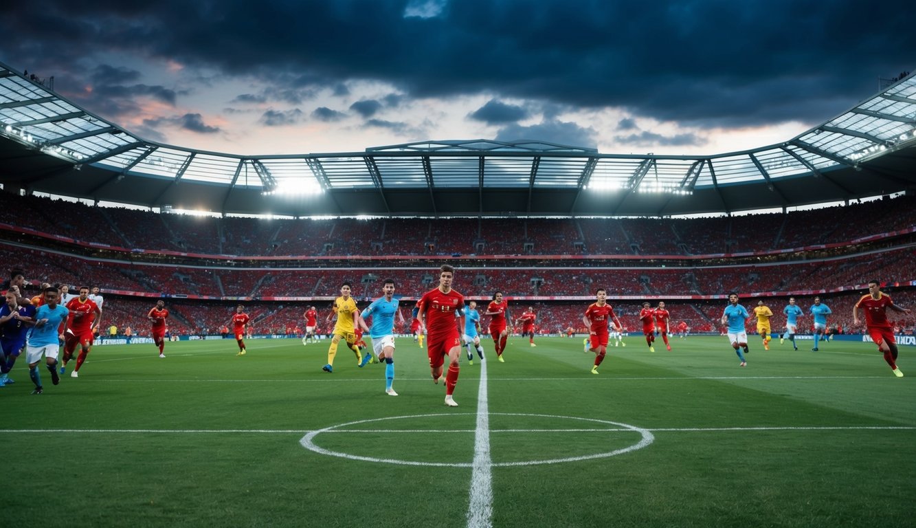 Sebuah stadion taruhan sepak bola yang ramai dengan penggemar yang bersorak dan lapangan dengan pemain yang sedang beraksi