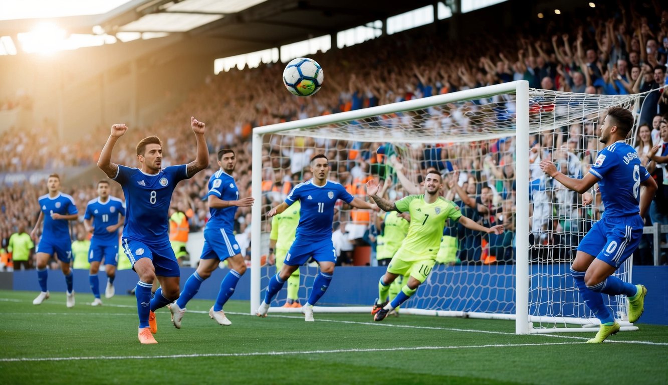 Sebuah bola sepak terbang ke gawang, dikelilingi oleh para penggemar dan pemain yang bersorak