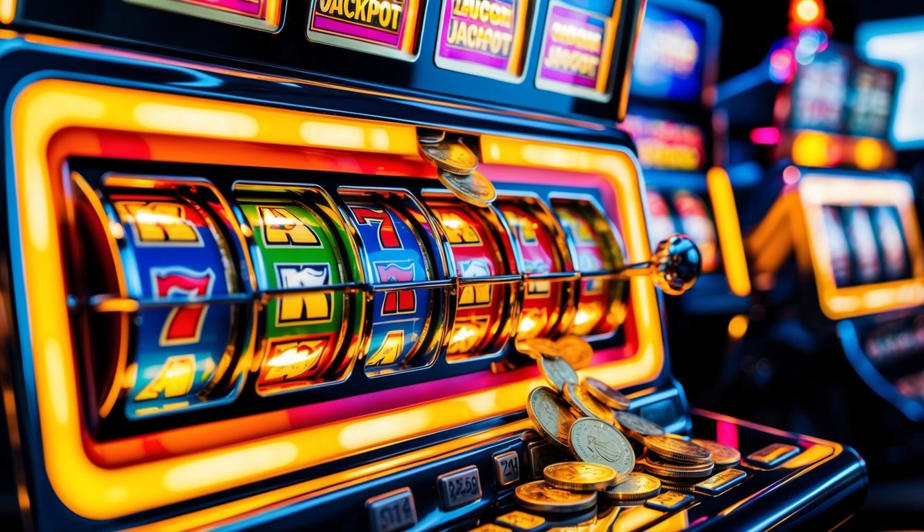 Mesin slot yang cerah dan berwarna-warni dengan lampu berkedip dan gulungan yang berputar. Koin yang tumpah dari jackpot, menciptakan suasana yang menarik dan dinamis.