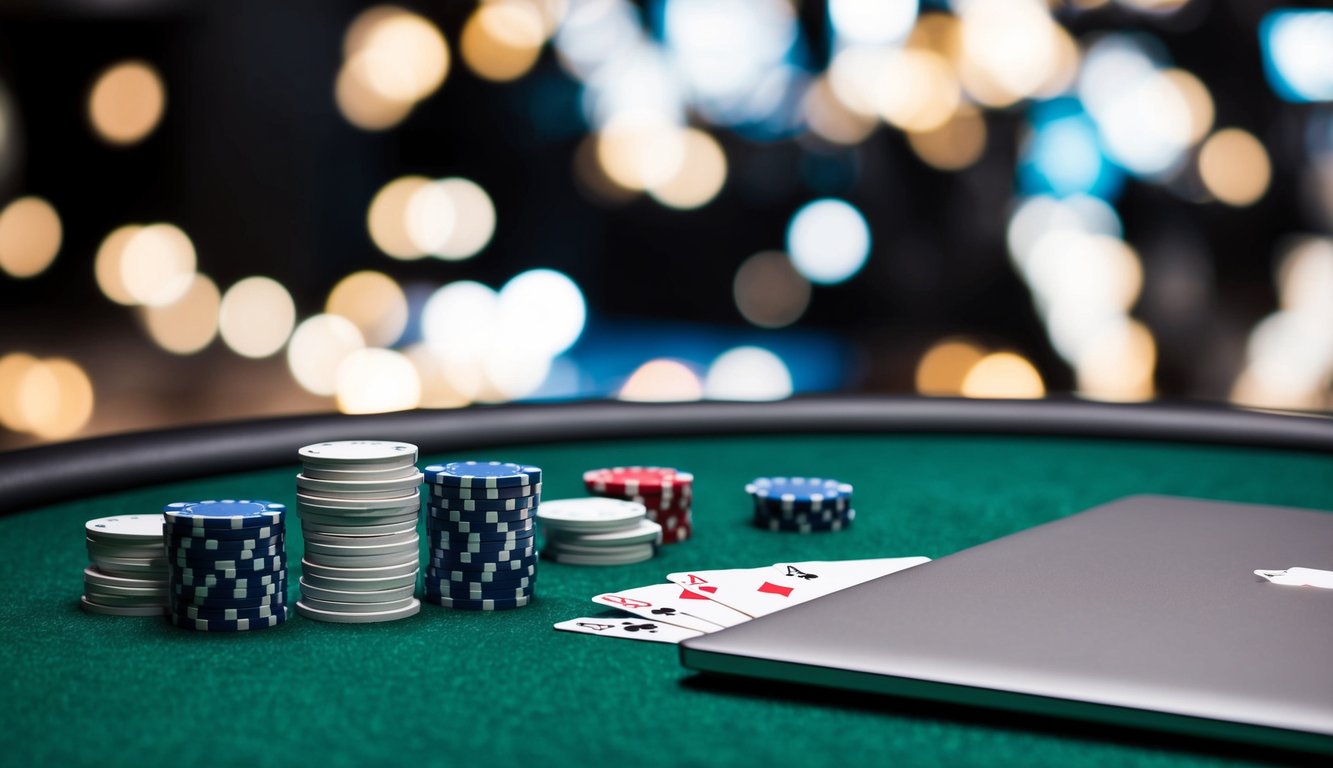 Sekelompok chip poker dan kartu bermain tersebar di atas meja felt hijau, dengan laptop yang ramping dan modern menampilkan permainan poker online