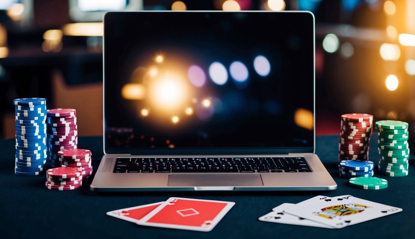 Sebuah laptop modern yang ramping dengan layar yang bercahaya terletak di atas meja, dikelilingi oleh tumpukan chip poker berwarna-warni dan satu dek kartu.