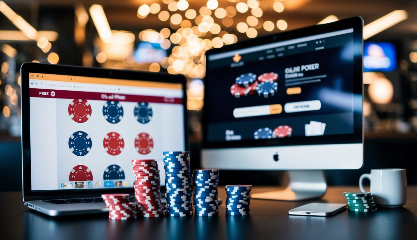 Sekelompok chip poker, kartu, dan layar komputer dengan situs web poker online terbuka