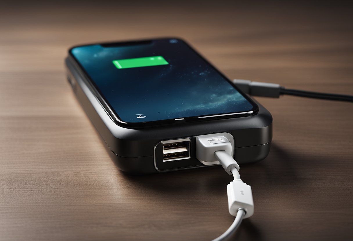 A powerdrive 2 charger plugged into an outlet, with a phone connected and charging