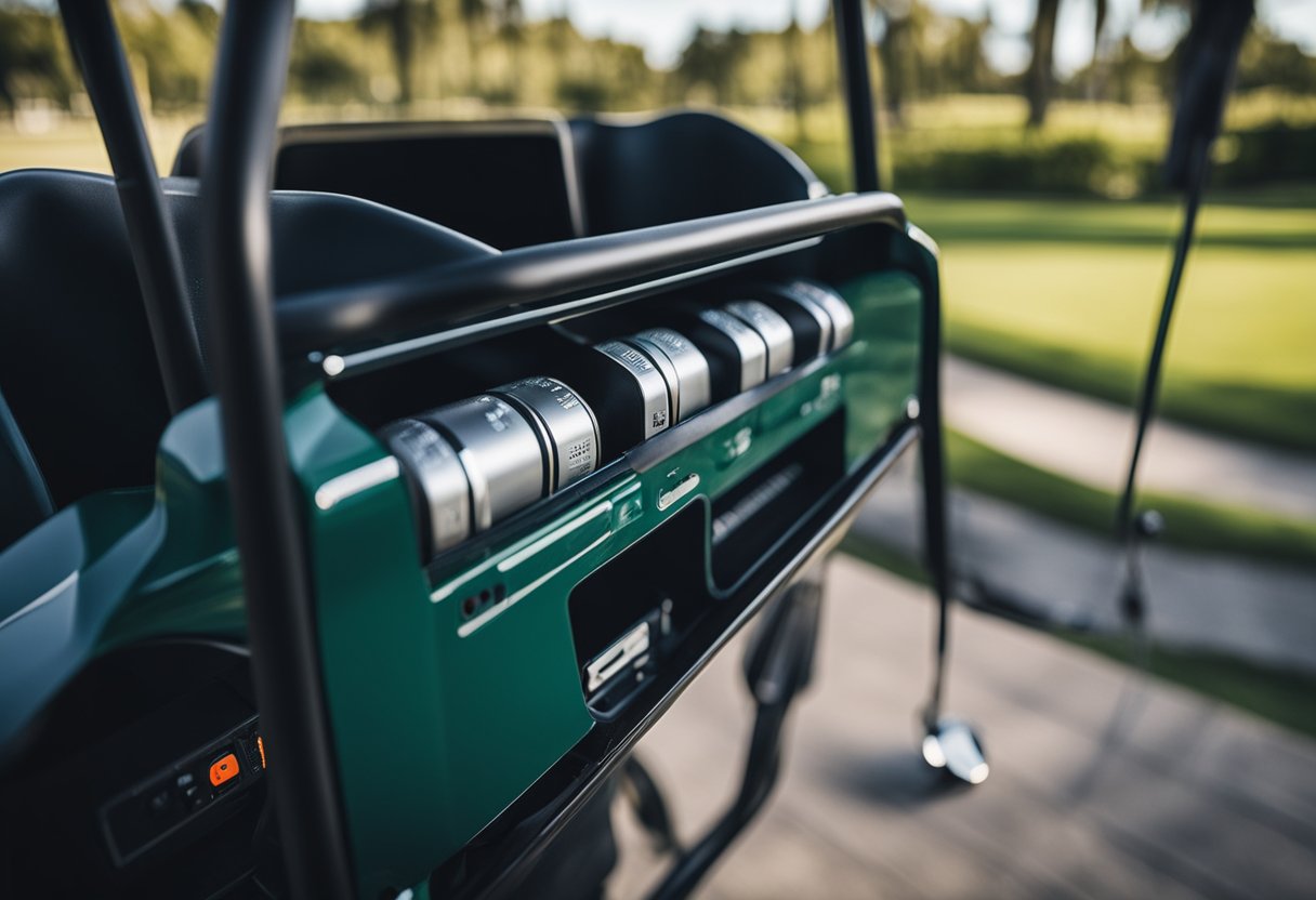 A golf cart charger plugged into a power outlet, with the cart parked nearby