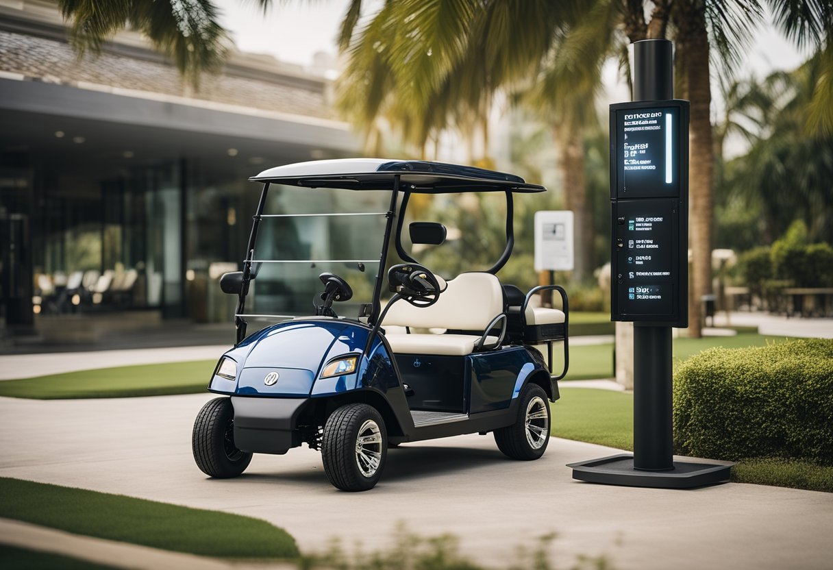 A golf cart parked next to a charging station with the power-wise charger plugged in, surrounded by various FAQ signs and information boards