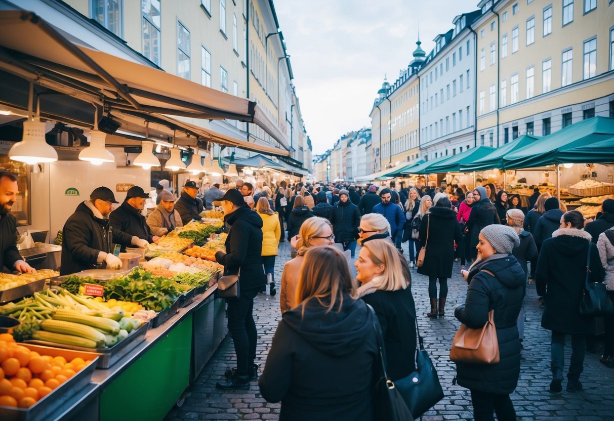 En livlig matmarknad i Stockholm, med försäljare som säljer en mängd färska produkter och gatumat. En folkmassa som njuter av den vibrerande atmosfären.