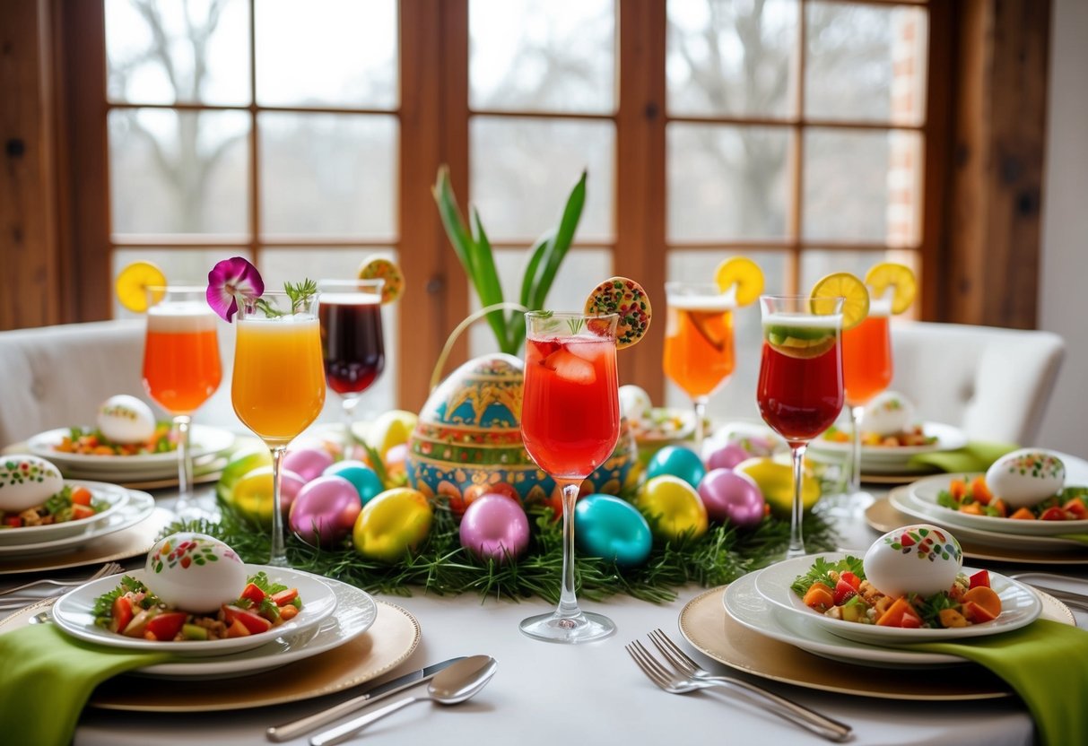 Ett festligt påskbord med en mängd drycker som serveras tillsammans med traditionell högtidsmat