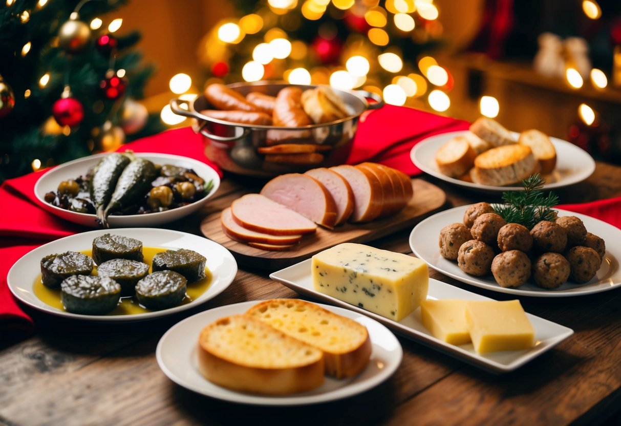 Ett festligt bord med traditionell svensk julmat, inklusive inlagd sill, köttbullar, skinka, korv och olika typer av bröd och ost