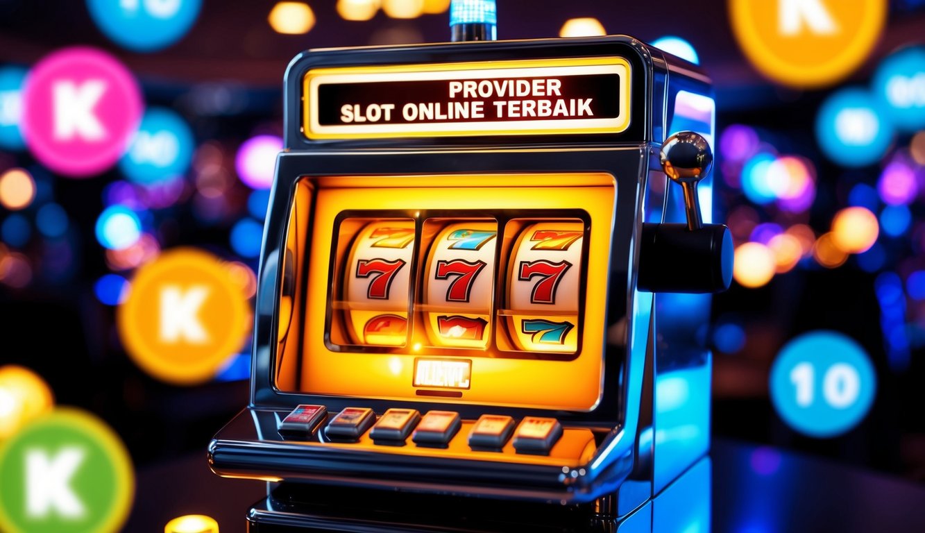 Sebuah mesin slot yang bersinar dikelilingi oleh lampu dan simbol berwarna-warni, dengan tampilan jackpot berkedip "Provider slot online terbaik"