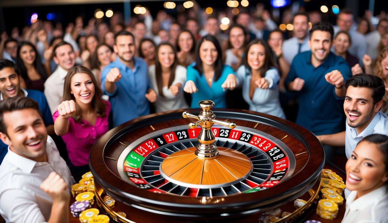 Sebuah roda roulette yang berputar dengan slot bernomor berwarna-warni, dikelilingi oleh kerumunan penonton yang bersemangat