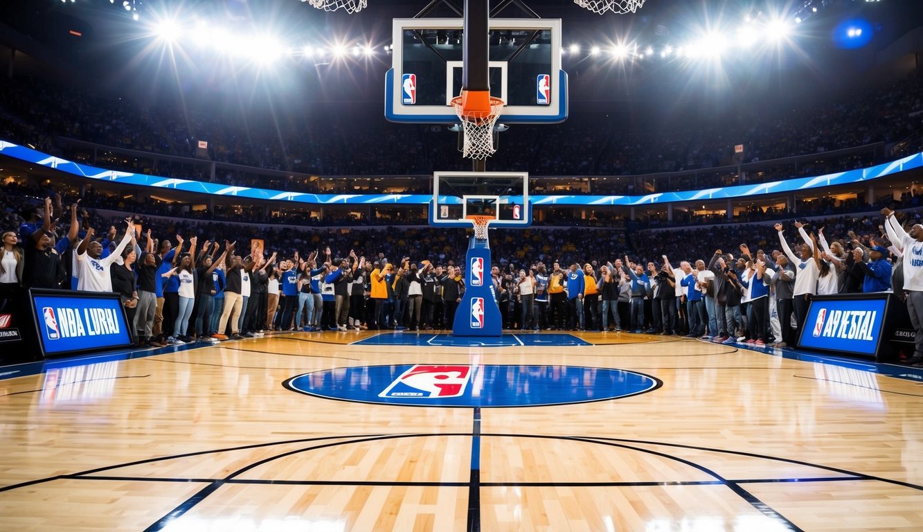 Sebuah lapangan basket dengan logo NBA, dikelilingi oleh penggemar yang bersorak dan lampu stadion yang terang