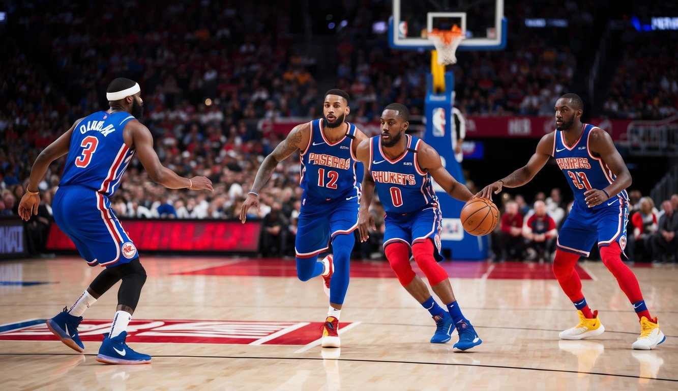 Sebuah lapangan basket dengan pemain yang sedang beraksi selama pertandingan NBA