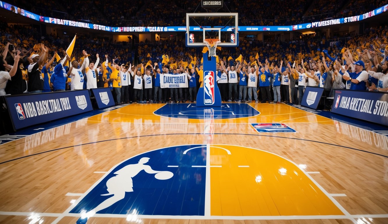 Sebuah lapangan basket dengan logo NBA dan jersey, dikelilingi oleh penggemar yang antusias bersorak dan memegang spanduk