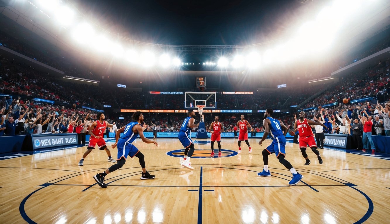 Sebuah lapangan basket dengan pemain yang sedang beraksi, dikelilingi oleh penggemar yang bersorak dan lampu stadion yang terang