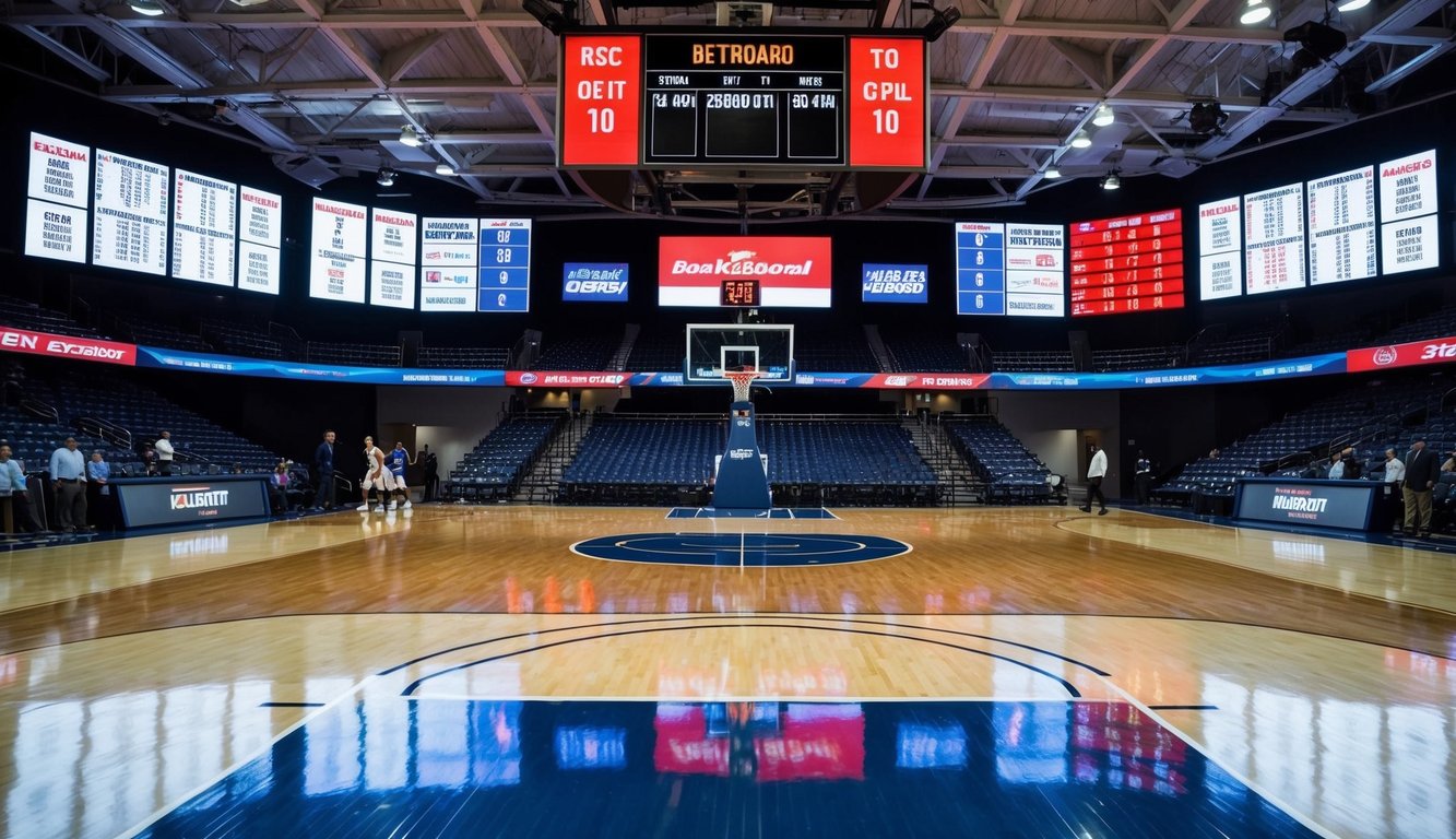 Sebuah lapangan basket dengan papan skor dan peluang taruhan yang ditampilkan di layar