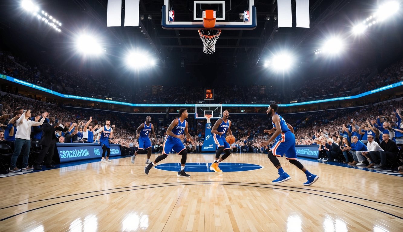 Sebuah lapangan basket dengan pemain yang sedang beraksi, dikelilingi oleh penggemar yang bersorak dan lampu stadion yang terang