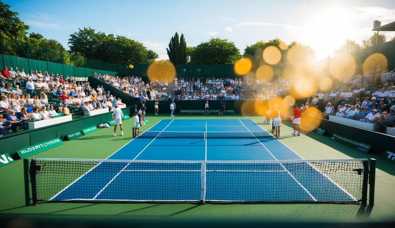 Sebuah lapangan tenis dengan jaring, dikelilingi oleh penonton dan pemain